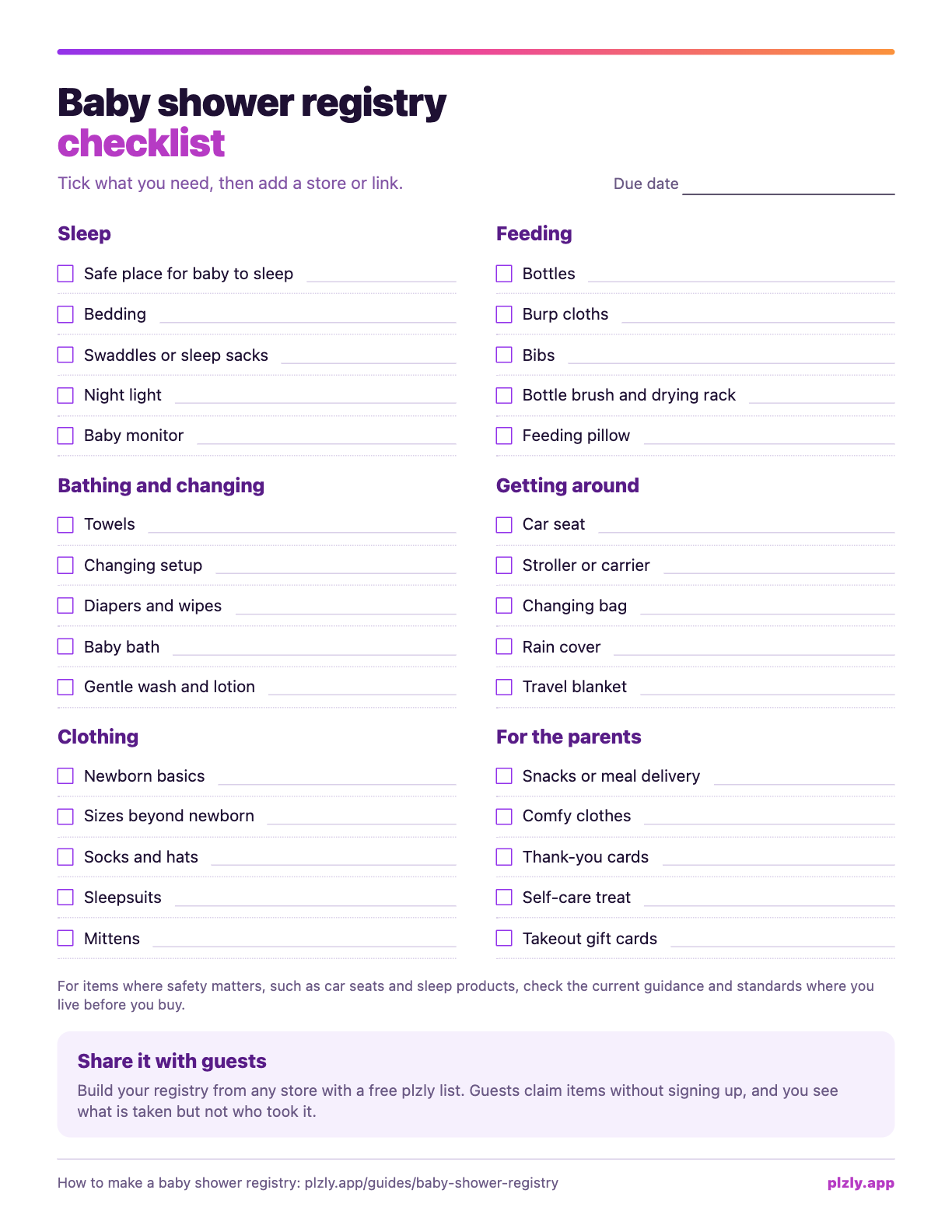 Preview of the baby shower registry checklist printable