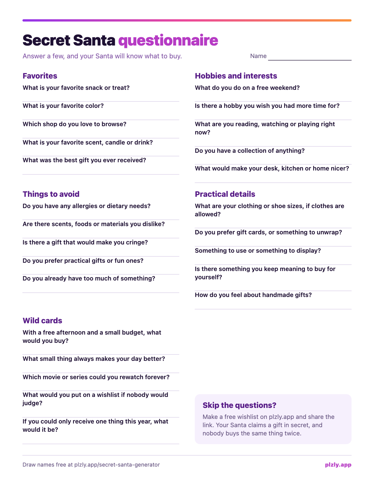 Preview of the secret santa questionnaire printable