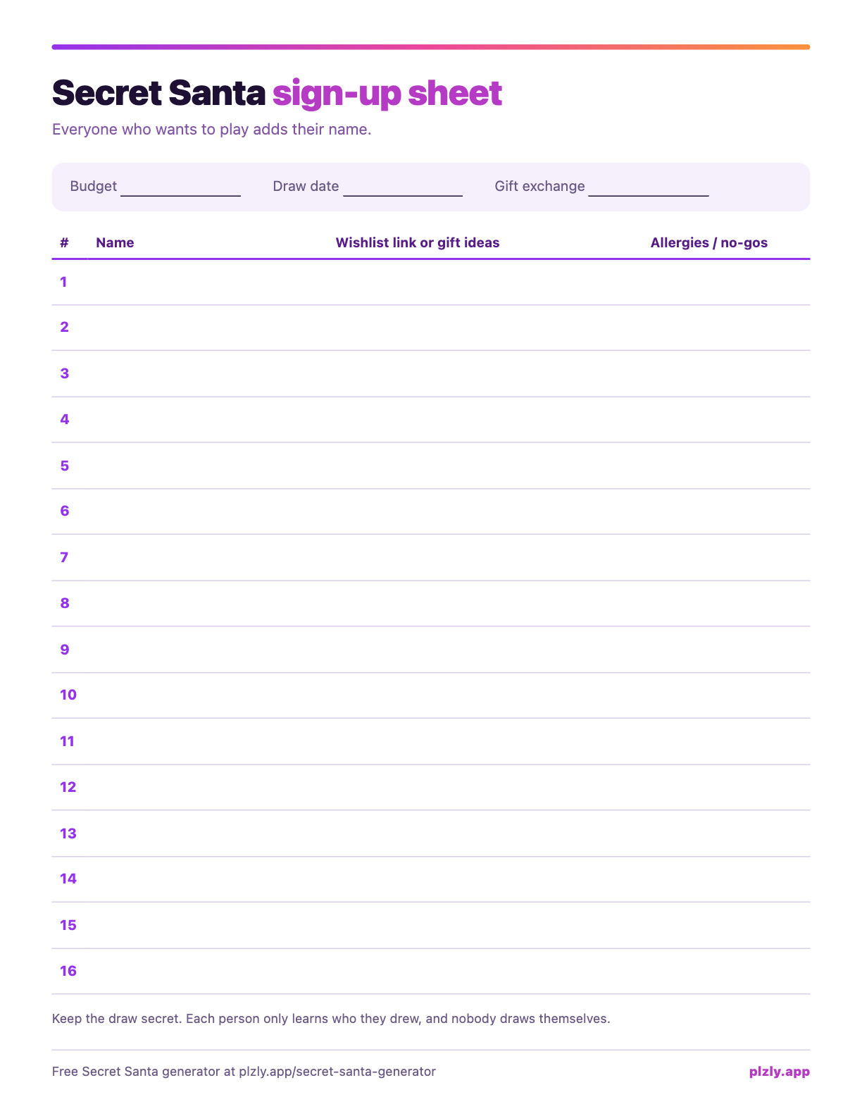 Preview of the secret santa sign-up sheet printable