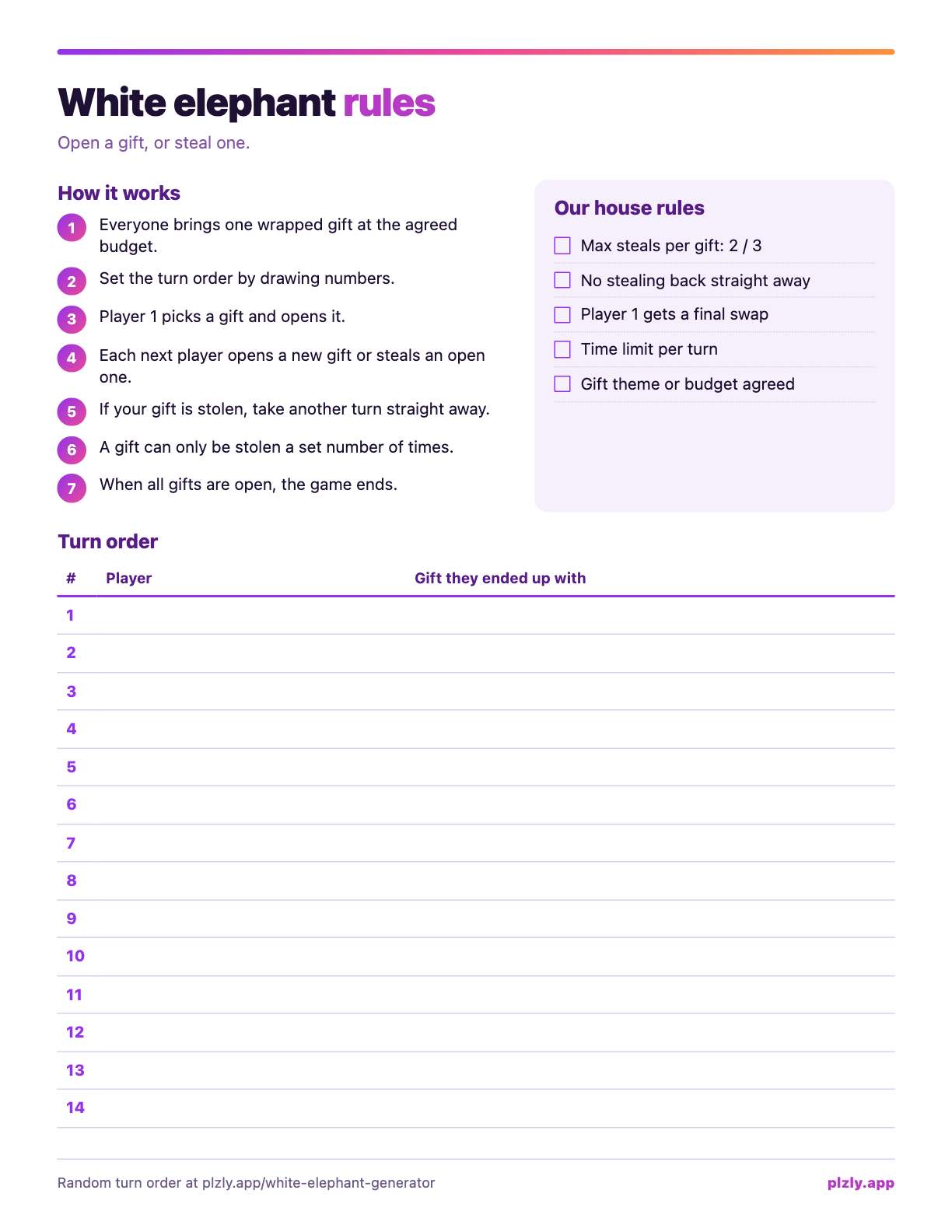 Preview of the white elephant rules and turn order printable